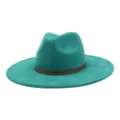 Teal suede fedora hat detail, featuring a brown geometric patterned band and wide flat brim. - M (56-58cm) / Teal