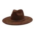 Brown Suede Fedora Hat for Men Women Wide Brim Flat Panama Hat Vintage Jazz Cap Style - M (56-58cm) / Coffee