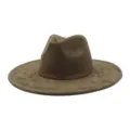 Detail view of the retro suede fedora hat, featuring a wide brim and woven geometric hat band. - M (56-58cm) / Dark Army Green