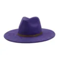 Purple faux suede fedora hat detail, wide brim and geometric patterned ribbon band. - M (56-58cm) / Purple