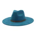 Blue faux suede fedora hat with ethnic pattern band, wide flat brim gentleman style detail view. - M (56-58cm) / Peacock Dark Blue