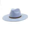 Light blue suede fedora hat with wide flat brim and retro geometric band for stylish adults. - M (56-58cm) / Sky Blue