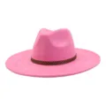 Pink suede fedora hat with geometric patterned band wide brim stylish fashion headwear details - M (56-58cm) / Barbie Pink