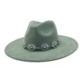Sage green faux suede fedora hat with western turquoise concho band detail close-up view. - 58cm / Pickle Green