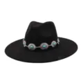 Black fedora hat with vintage silver turquoise metal chain band, stylish wide brim boho hat. - 58cm / Black