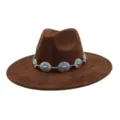 Brown suede fedora hat featuring vintage turquoise metal band and wide brim western style - 58cm / Coffee
