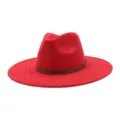 Detailed view of the red suede texture and geometric band on the elegant wide brim fedora. - M (56-58cm) / Red
