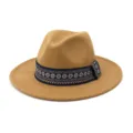 Stijlvolle herfst winter kameel wol fedora hoed met blauwe etnische band voor chique dagelijks. - camel