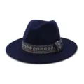Wollen fedora hoed herfst winter, klassieke donkerblauwe jazz hoed met brede rand - Marineblauw