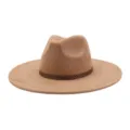 Close-up view of the classic khaki suede fedora hat featuring a stylish geometric woven band detail. - M (56-58cm) / Camel