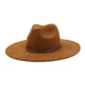 Brown faux suede fedora hat detail shot, showing the classic wide brim and geometric band. - M (56-58cm) / Khaki
