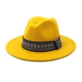 Yellow woolen fedora hat with blue ethnic band autumn winter wide brim jazz hat for unisex - Yellow