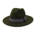 Klassieke wolvilten fedora hoed heren dames herfst winter brede rand jazz hoed met etnische band - Legergroen