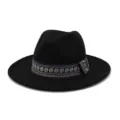 Klassieke zwarte wollen jazz fedora hoed met etnisch geweven lint detailweergave. - Zwart