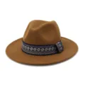 Brown woolen fedora hat detail, featuring a blue patterned ribbon band and wide brim design. - Khaki