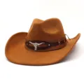 Detailed view of brown suede Western cowboy hat with silver bull skull band for men and women. - M (56-58cm) / Khaki