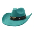 Faux suede turquoise cowboy hat detail showcasing vintage bull skull brass decor and contrast stitching. - One Size 57-58cm / Peacock Light Blue