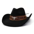 Black western cowboy hat with brown leather band and silver longhorn bull skull detail unisex - M (56-58cm) / Black
