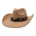 Suede cowboy hat with metal bull head decor and retro leather band for outdoor wear. - One Size 57-58cm / Camel