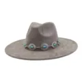Grey suede fedora hat detail, wide flat brim with ethnic silver concho and turquoise stone band. - 58cm / Charcoal Grey