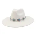 White wide brim fedora hat with turquoise metal concho band western boho jazz hat detail - 58cm / Cream