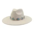 Detailed view of beige suede fedora hat with vintage turquoise concho band for women ethnic style. - 58cm / Beige