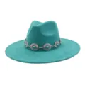Turquoise concho band suede fedora hat, wide flat brim jazz hat, ethnic style boho headwear. - 58cm / Peacock Light Blue