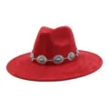 Red suede fedora hat with turquoise concho band wide brim western jazz hat detail view. - 58cm / Burgundy