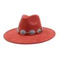 Red suede fedora hat with turquoise silver concho band, wide brim western jazz hat for women. - 58cm / Rust red