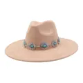 Beige suede fedora hat with turquoise metal band, boho style wide flat brim jazz hat for women. - 58cm / Champagne