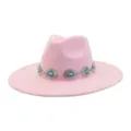 Close-up of pink felt fedora hat featuring western metal turquoise concho decorative band. - 58cm / Sakura Pink