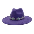 Close-up detail of the purple suede fedora hat with silver turquoise concho hat band. - 58cm / Deep purple