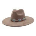 Suede jazz hat with turquoise silver chain band wide brim fedora western cowgirl hat - 58cm / Dusty Pink