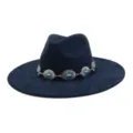 Dark blue suede fedora hat with turquoise silver metal band wide brim boho style jazz hat - 58cm / Navy Blue