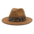 Classic camel woolen fedora hat featuring a stylish leopard print ribbon band and wide brim design. - Khaki