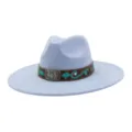 Light blue wide brim fedora hat with ethnic embroidered band and metal buckle detail. - 58cm / Sky Blue