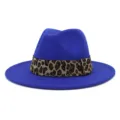 Close-up detail of blue woolen fedora hat featuring a stylish leopard print band. - Sapphire Blue