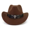 Brauner Woll-Western-Cowboyhut Detail, schwarzes Lederband und silberner Stierschädel Dekor. - Verstellbar / Kaffeebraun