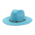 Chapeau de paille bleu avec bande de perles, bord de 7cm pour style plage été. - Bleu lac