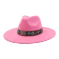 Pink suede western fedora hat detail, showing turquoise embroidery, metal buckle and band. - 58cm / Barbie Pink