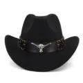 Schwarzer Wolle Filz Western Cowboy Hut mit Lederband und Metall Stierkopf Dekor fur Damen chic. - Verstellbar / Schwarz
