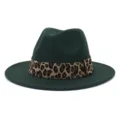 Detailed view of the dark green wool felt fedora hat featuring a stylish leopard print band. - Dark Green