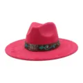 Close-up detail of pink wide-brim western fedora hat with turquoise embroidery and silver buckle. - 58cm / Rose Red