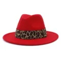 Classic red wool felt fedora hat with leopard print band, stylish wide brim winter hat for women. - Red
