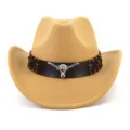 Damen Woll Filz Western Cowboy Hut Vintage Fedora Kappe mit Metall Stierkopf Band - Verstellbar / Camel