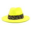 Neon yellow wool fedora hat with stylish leopard print band, wide flat brim winter hat. - Neon Yellow