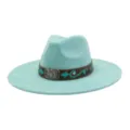 Sombrero fedora turquesa de ala ancha con banda de cuero, estilo ante étnico tipo jazz. - 58cm / Verde menta