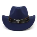 Dunkelblauer Filz Western Cowboy Hut mit schwarzem Lederband und Metall Stierschädel Dekor. - Verstellbar / Marineblau