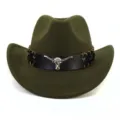 Dunkelgrüner Wollfilz Western Cowboyhut mit schwarzem Lederband und silbernem Stierschädel. - Verstellbar / Armeegrün