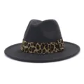 Autumn winter felt jazz hat unisex european american leopard print wide brim flat hat - Dark Gray